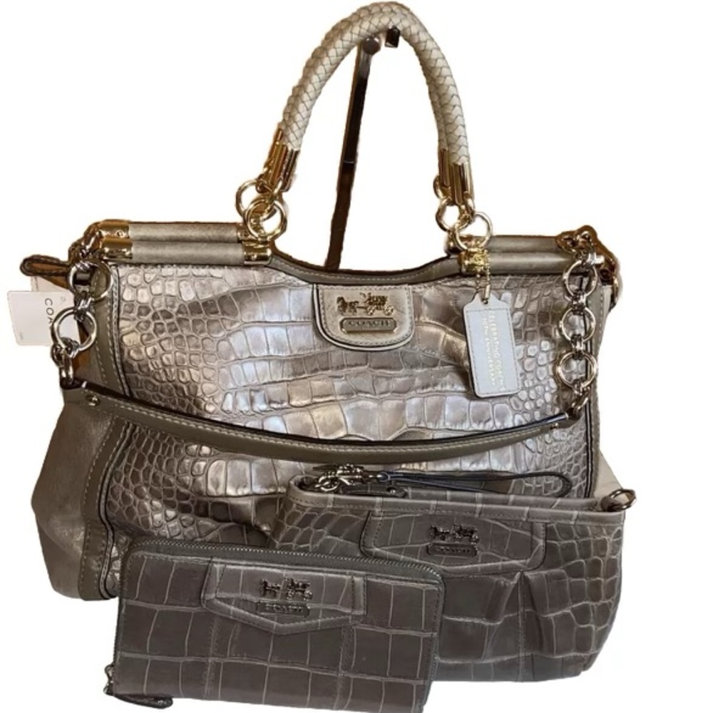 RARE Coach 70th Anniversary Madison Crocodile Light Pewter Bag, Clutch & Wallet
